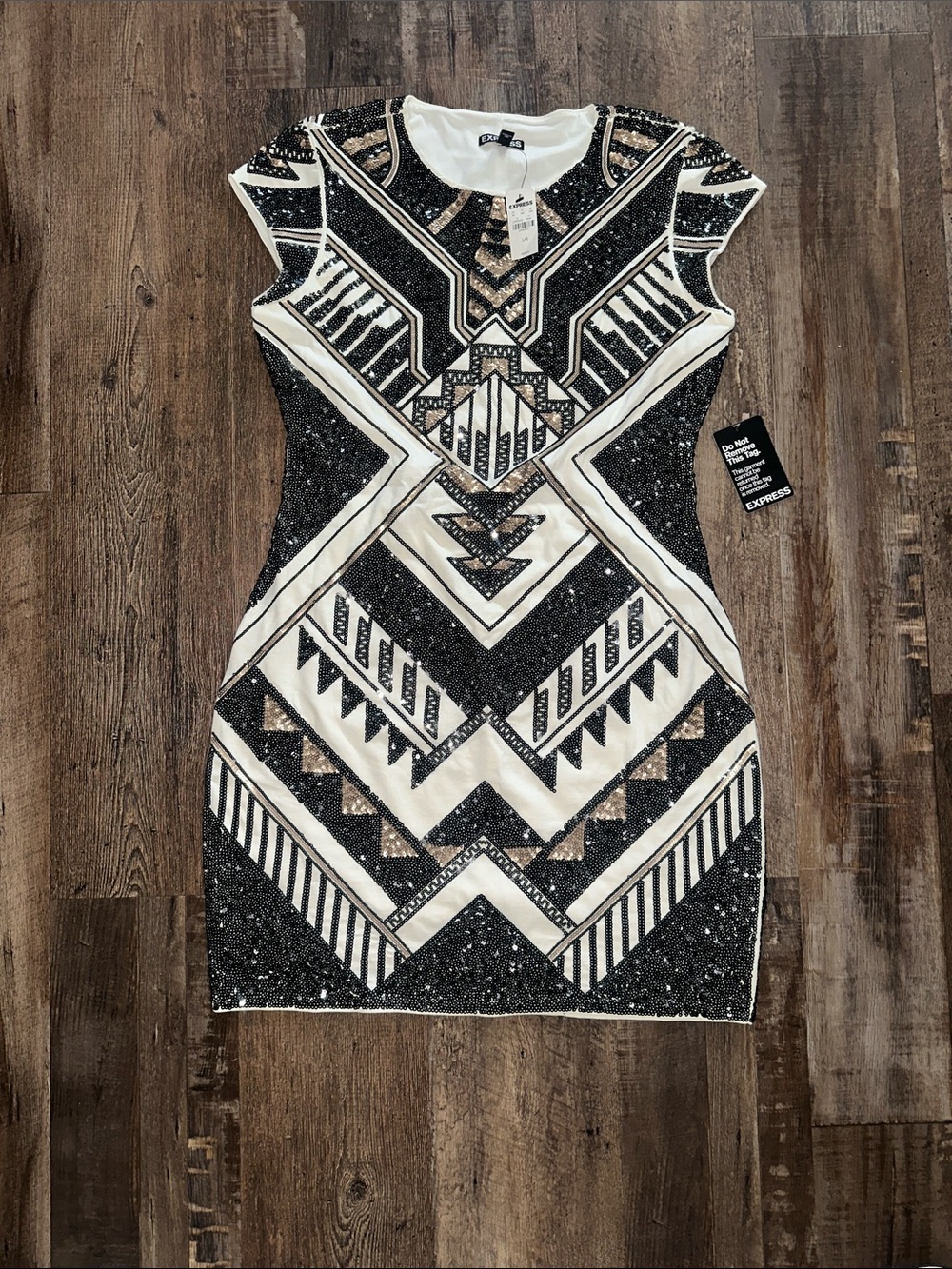 Express Black & White Sequin Geo-Pattern Mini Dress